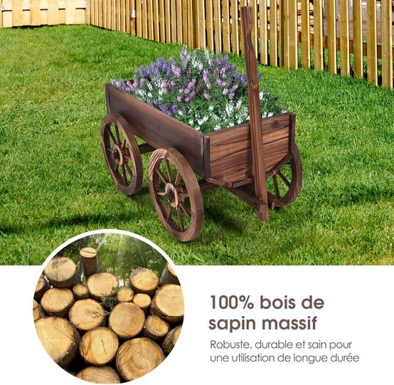 Brouette à Fleurs Jardinière en Bois à Roues avec Poignée Réglable et Trou de Drainage, Convient pour Ferme, Patio, Jardin, Cour - Image 7