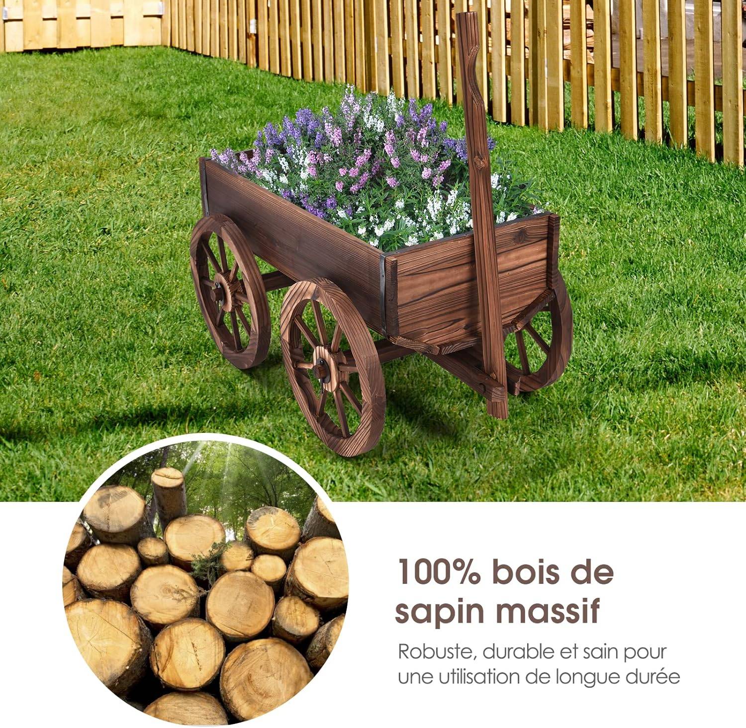 Brouette à Fleurs Jardinière en Bois à Roues avec Poignée Réglable et Trou de Drainage, Convient pour Ferme, Patio, Jardin, Cour - Image 7