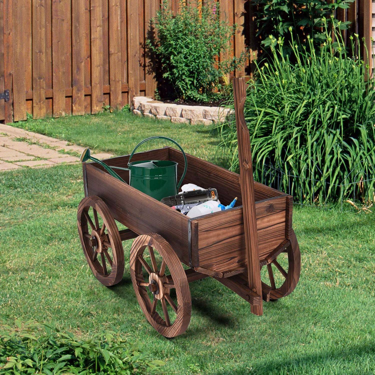 Brouette à Fleurs Jardinière en Bois à Roues avec Poignée Réglable et Trou de Drainage, Convient pour Ferme, Patio, Jardin, Cour - Image 9