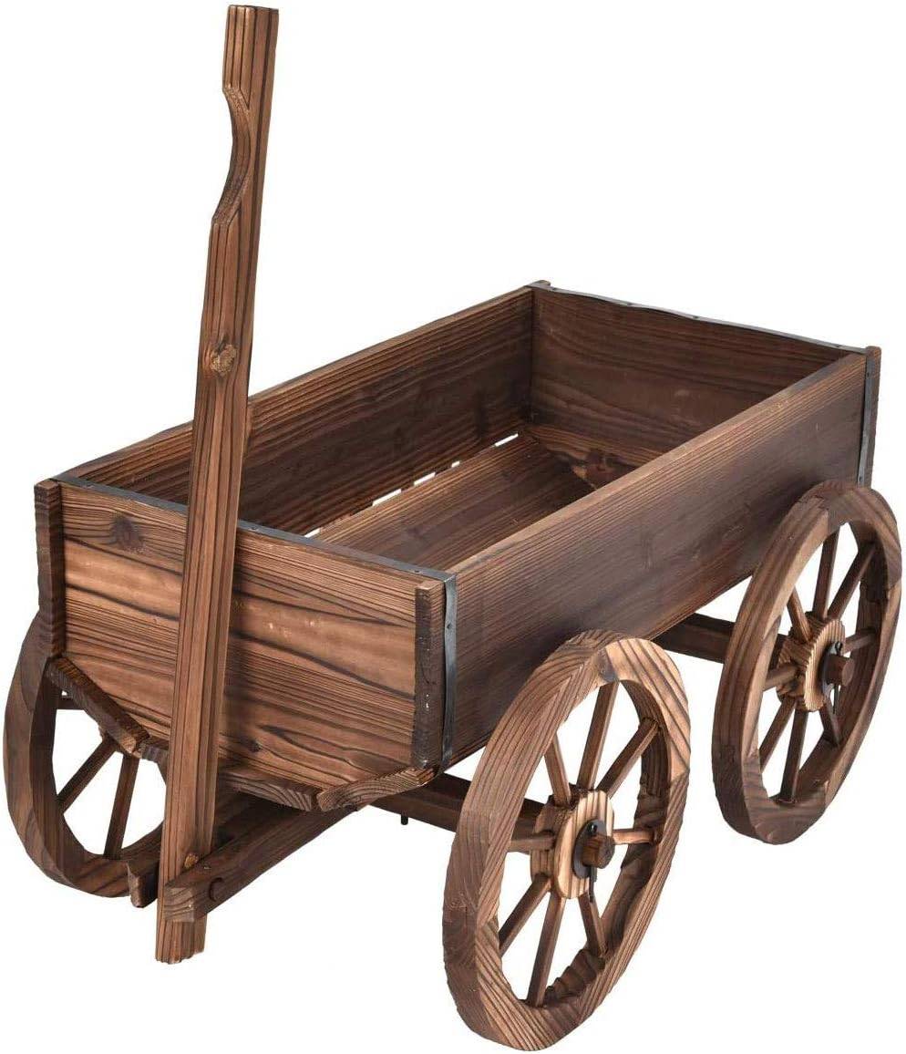 Brouette à Fleurs Jardinière en Bois à Roues avec Poignée Réglable et Trou de Drainage, Convient pour Ferme, Patio, Jardin, Cour - Image 1