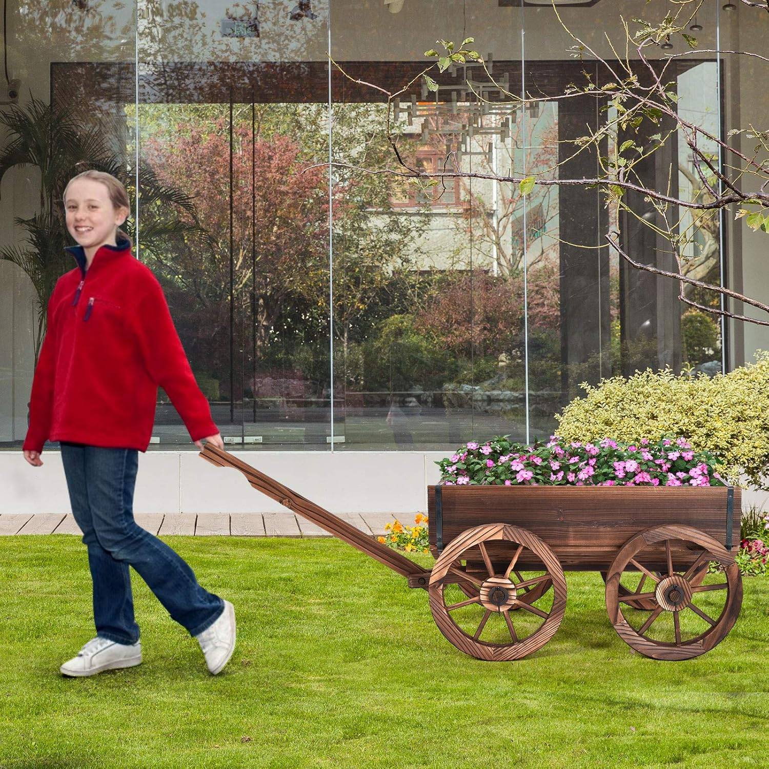 Brouette à Fleurs Jardinière en Bois à Roues avec Poignée Réglable et Trou de Drainage, Convient pour Ferme, Patio, Jardin, Cour - Image 2