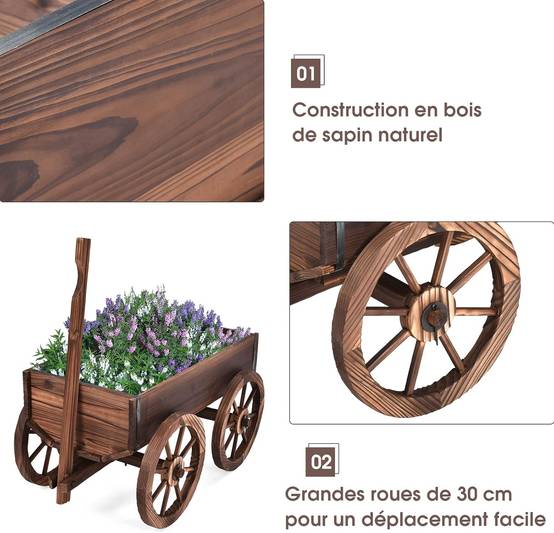 Brouette à Fleurs Jardinière en Bois à Roues avec Poignée Réglable et Trou de Drainage, Convient pour Ferme, Patio, Jardin, Cour - Image 4