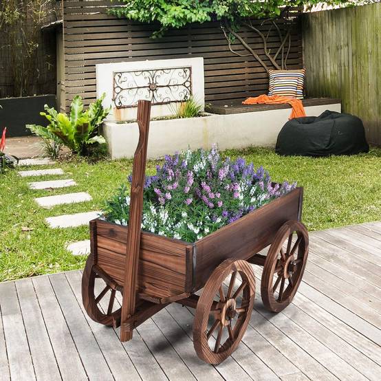 Brouette à Fleurs Jardinière en Bois à Roues avec Poignée Réglable et Trou de Drainage, Convient pour Ferme, Patio, Jardin, Cour - Image 3