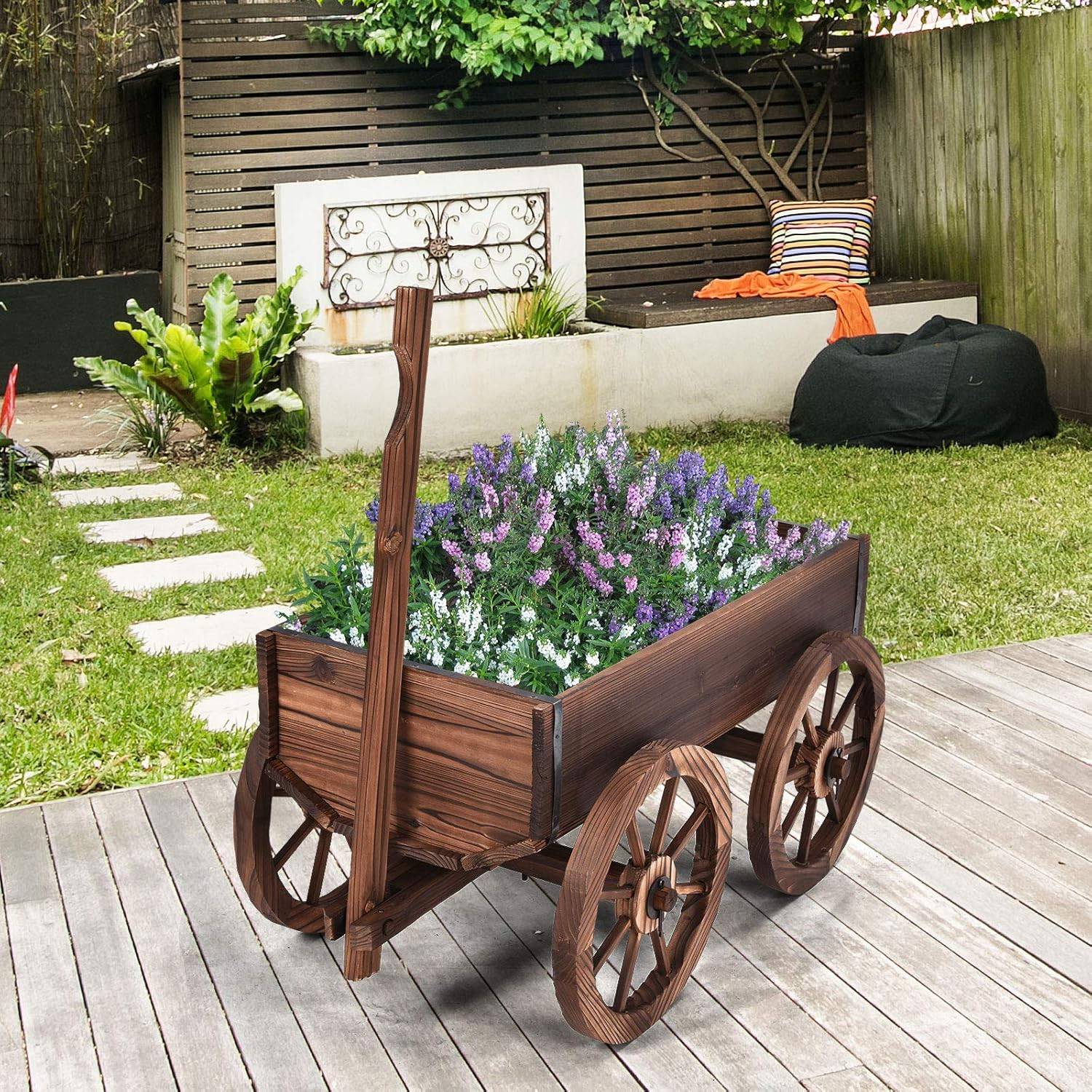 Brouette à Fleurs Jardinière en Bois à Roues avec Poignée Réglable et Trou de Drainage, Convient pour Ferme, Patio, Jardin, Cour - Image 3