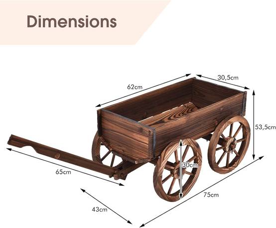 Brouette à Fleurs Jardinière en Bois à Roues avec Poignée Réglable et Trou de Drainage, Convient pour Ferme, Patio, Jardin, Cour - Image 6