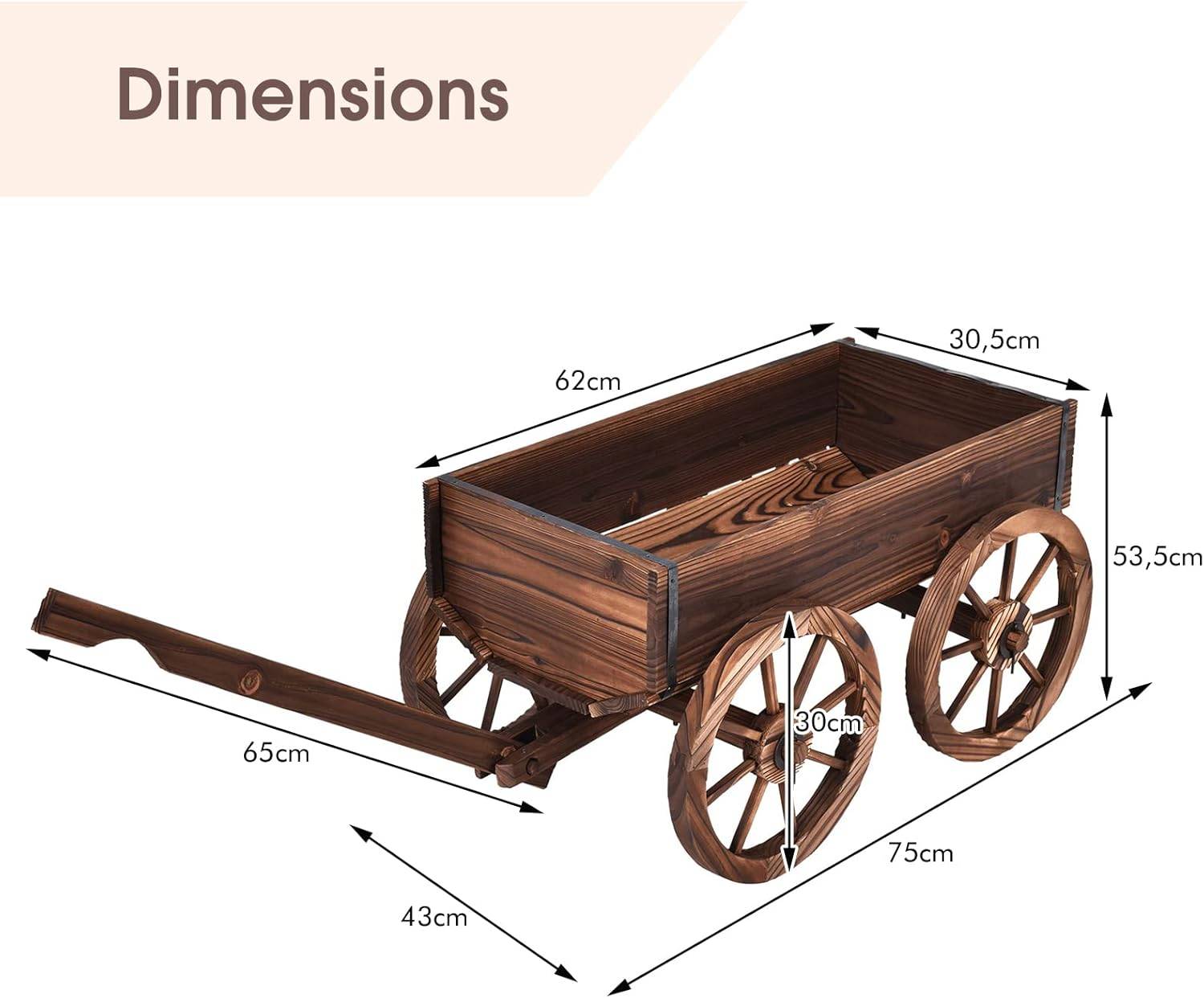 Brouette à Fleurs Jardinière en Bois à Roues avec Poignée Réglable et Trou de Drainage, Convient pour Ferme, Patio, Jardin, Cour - Image 6