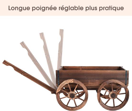 Brouette à Fleurs Jardinière en Bois à Roues avec Poignée Réglable et Trou de Drainage, Convient pour Ferme, Patio, Jardin, Cour - Image 8
