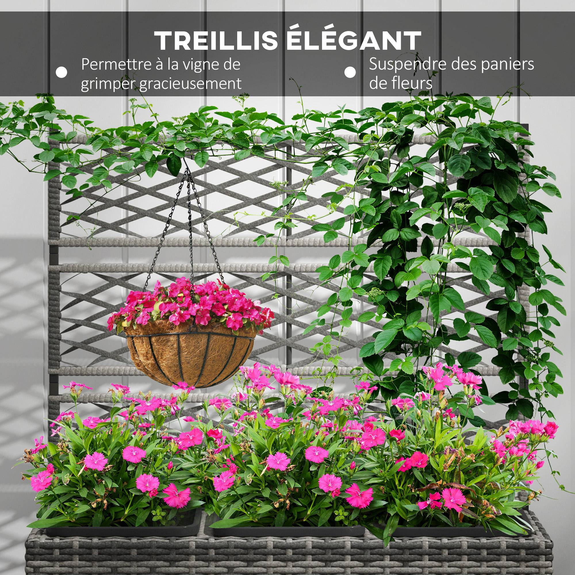 Jardinière avec treillis résine tressée et acier naturel 84 x 30 x 107 cm - PANGIVO - Imagen 8