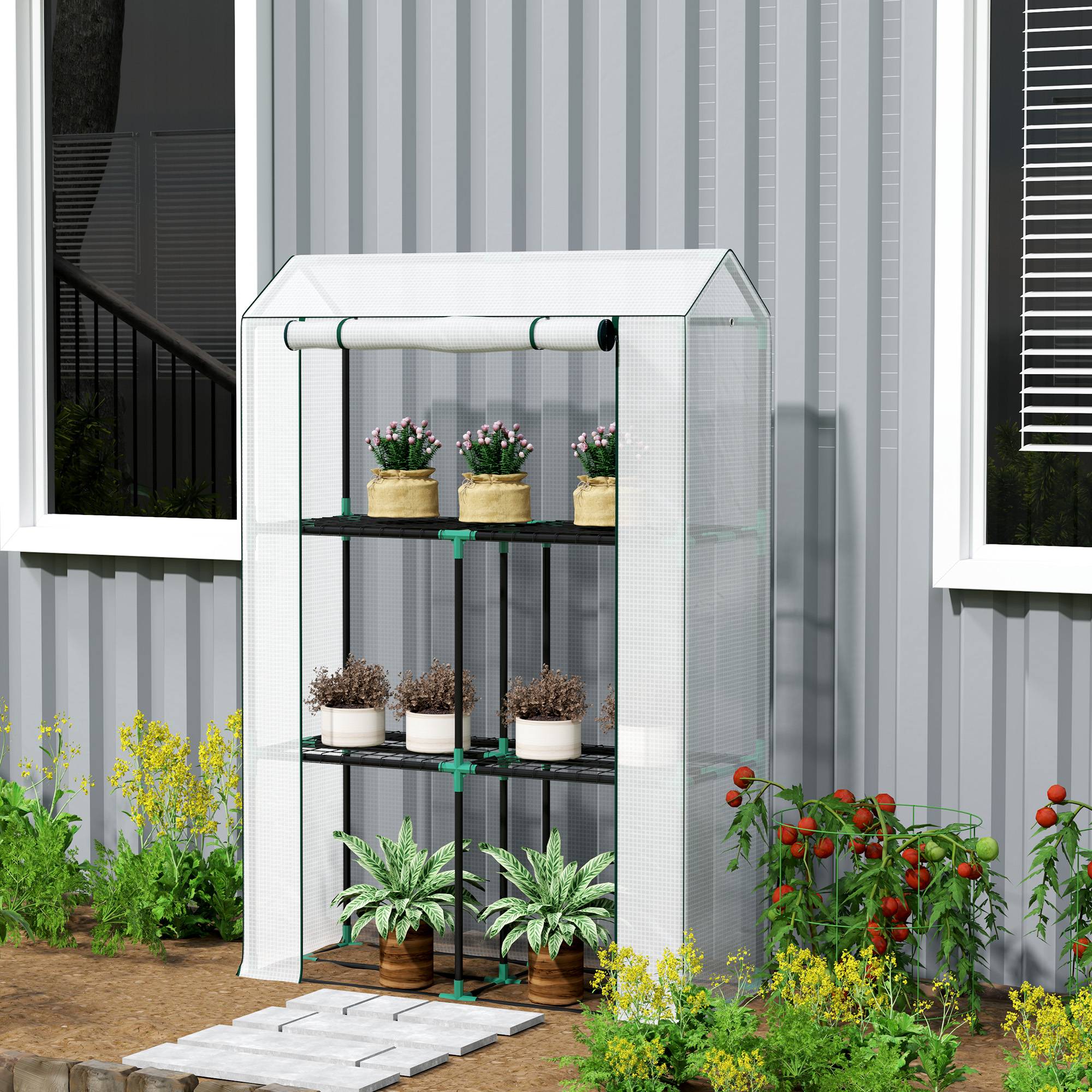 Serre avec étagère 3 niveaux, bâche plastique UV, porte enroulable, 100 x 40 x 150 cm, Blanc - Image 4