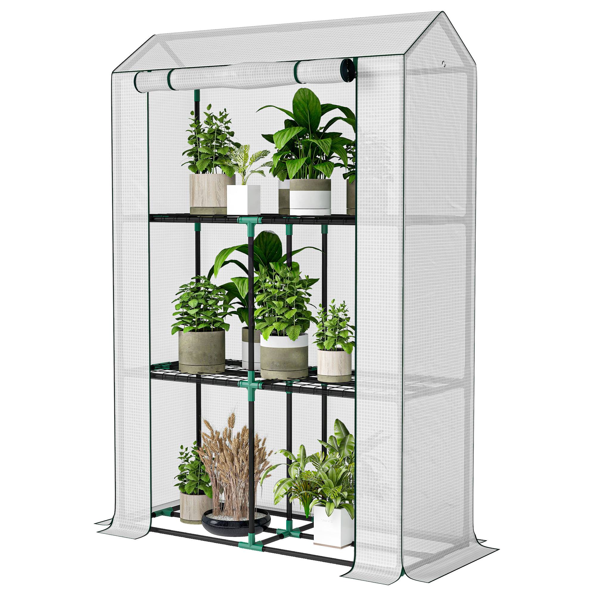 Serre avec étagère 3 niveaux, bâche plastique UV, porte enroulable, 100 x 40 x 150 cm, Blanc - Image 2