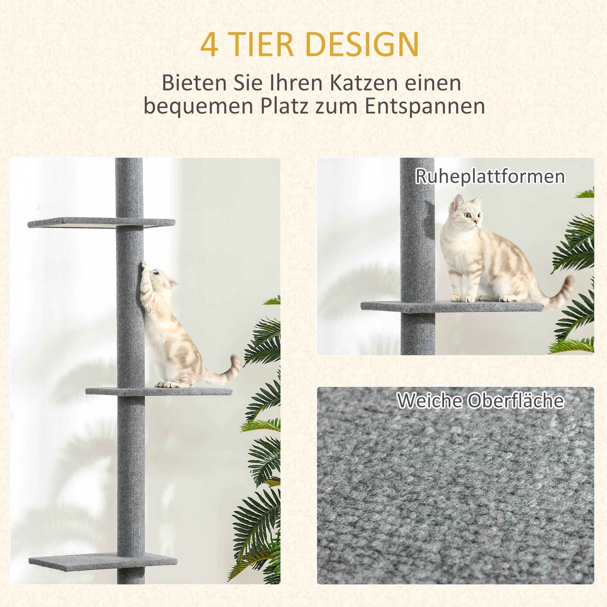 Sans Marque - Arbre à chat PawHut hauteur plafond 228-260 cm plusieurs niveaux plateformes arbre à chat toutes tailles gris - Image 8