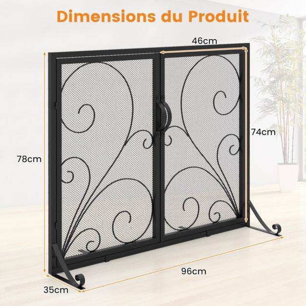 Helloshop26 - Écran de cheminée à double porte écran de protection pour foyer ouvert panneaux magnétiques supports arrière et avant pare-étincelles noir - Imagen 3