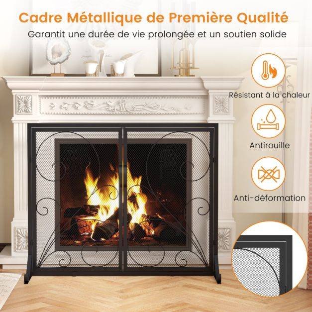 Helloshop26 - Écran de cheminée à double porte écran de protection pour foyer ouvert panneaux magnétiques supports arrière et avant pare-étincelles noir - Imagen 5