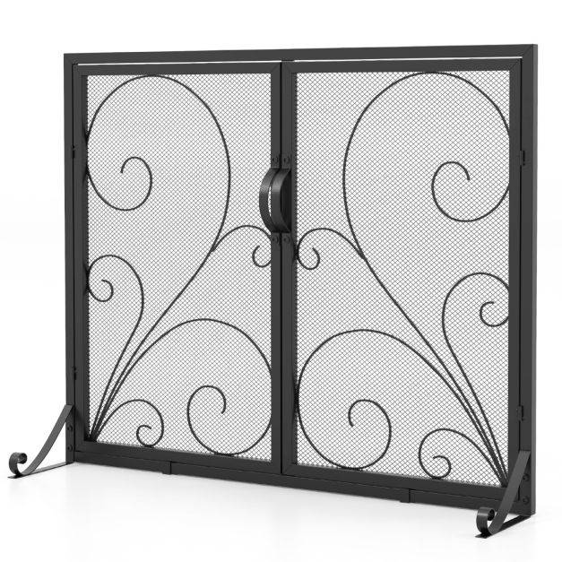 Helloshop26 - Écran de cheminée à double porte écran de protection pour foyer ouvert panneaux magnétiques supports arrière et avant pare-étincelles noir - Imagen 2