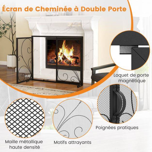 Helloshop26 - Écran de cheminée à double porte écran de protection pour foyer ouvert panneaux magnétiques supports arrière et avant pare-étincelles noir - Imagen 4