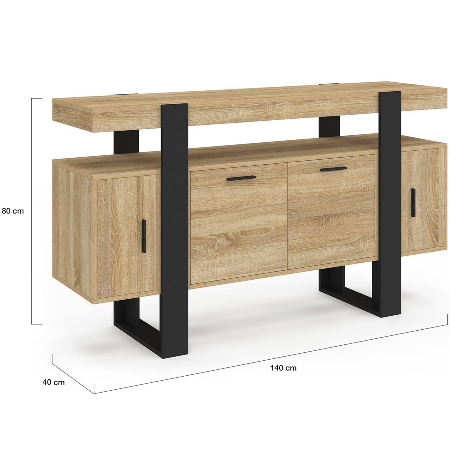 Buffet 140 cm PHOENIX 4 portes bois et noir - Image 5