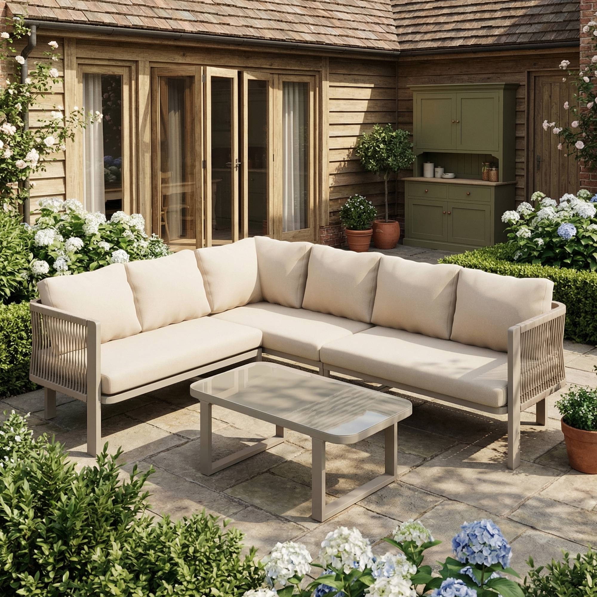 Salon de jardin d'angle acier et corde tressée 6 places terrasse avec table basse kaki - ComfortXL Outdoor Living - Image 9
