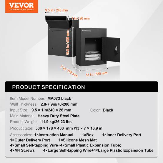 VEVOR Boîte aux lettres encastrable murale, 330x178x430 mm, acier, verrou code. - Image 7