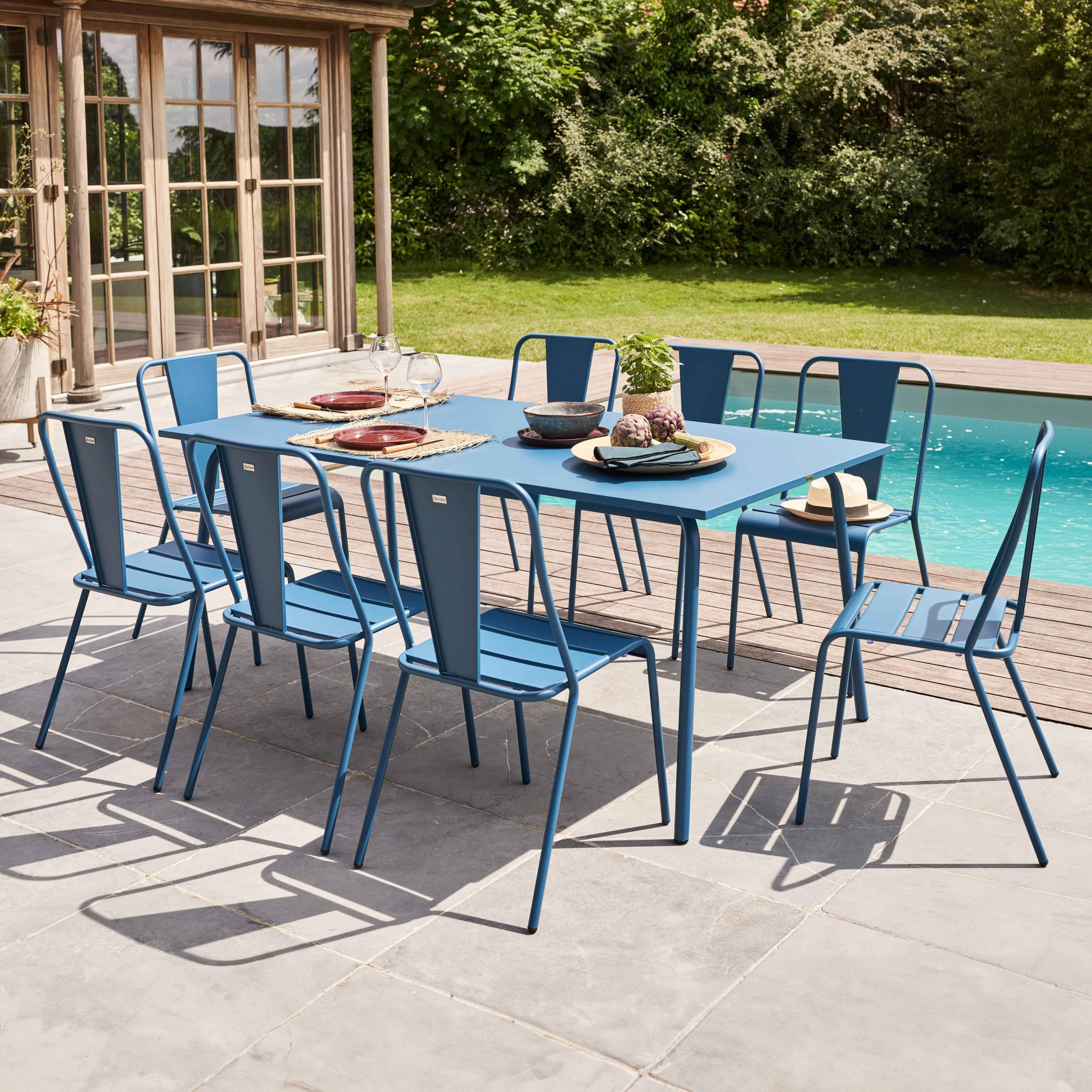 Oviala - Ensemble table de jardin 180cm et 8 chaises bistrot acier bleu pacific Palavas - Oviala - Imagen 2