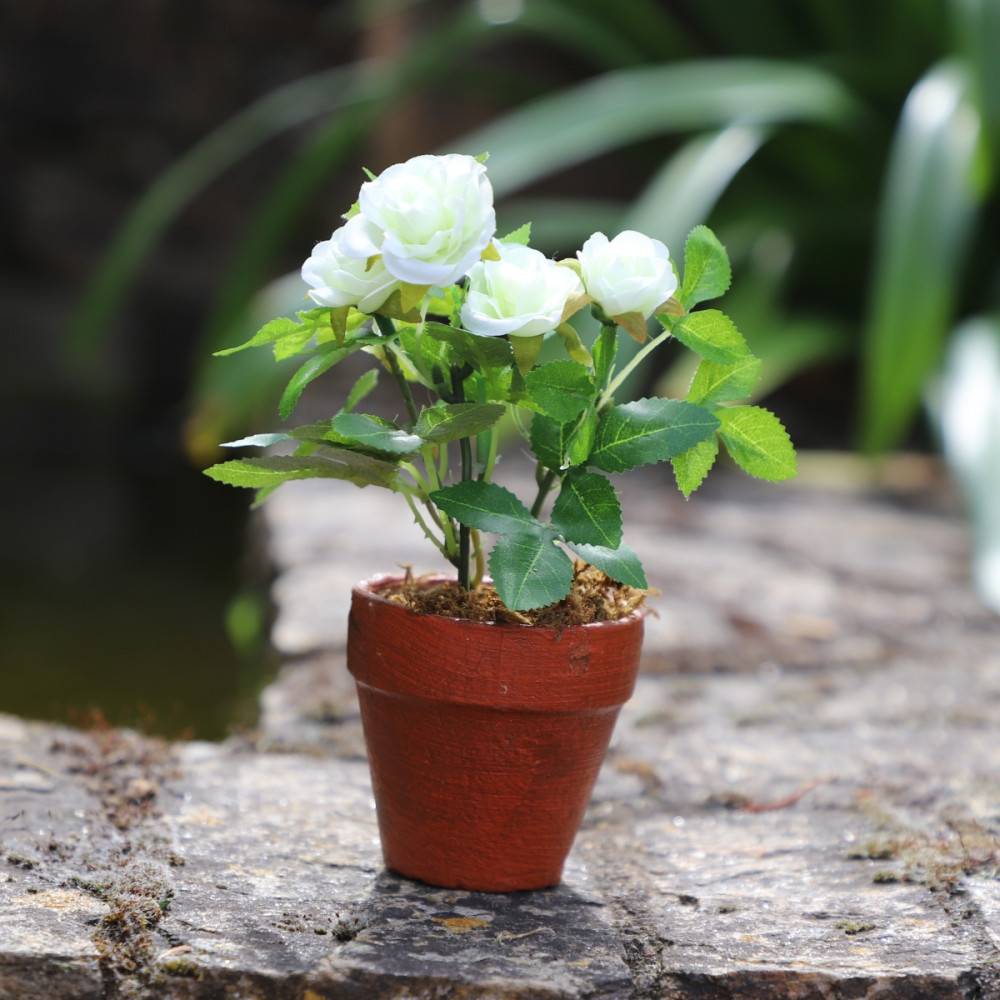 ~Rosier plante fleur artificielle extérieur cimetière tissu blanc 12cm Chemin de campagne - Imagen 2