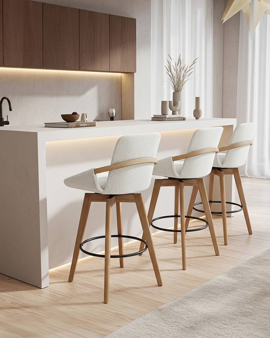 Saly - Chaise de bar en tissu bouclette et pieds en bois - UNIQKA - Imagen 3