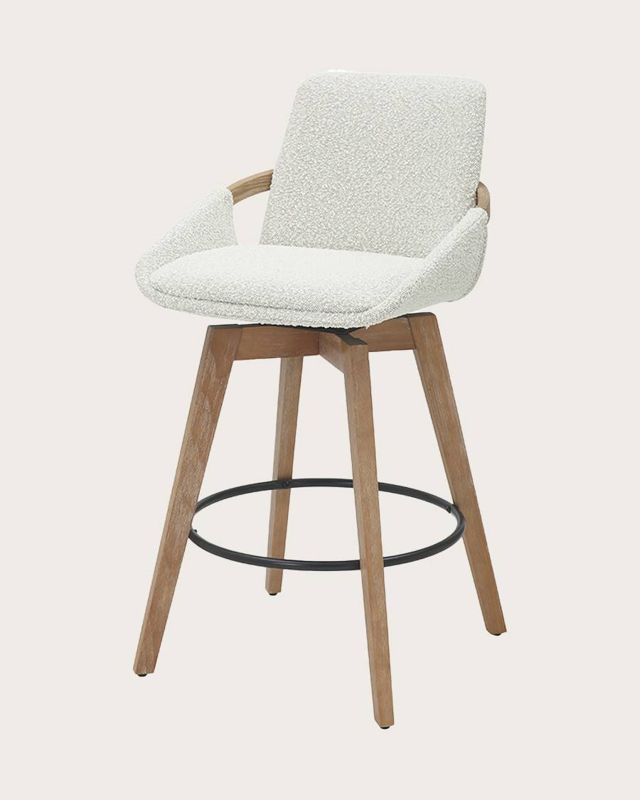 Saly - Chaise de bar en tissu bouclette et pieds en bois - UNIQKA - Imagen 5