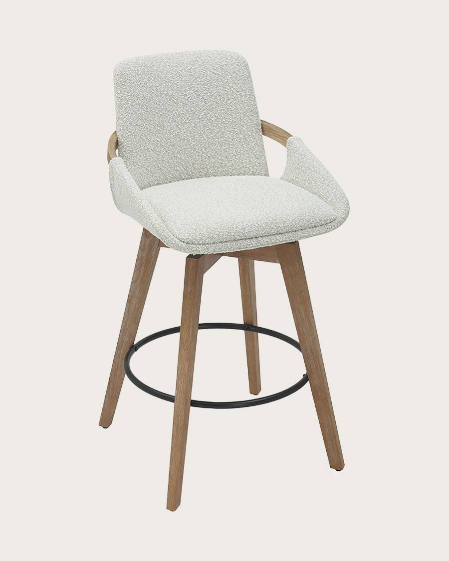 Saly - Chaise de bar en tissu bouclette et pieds en bois - UNIQKA - Imagen 1