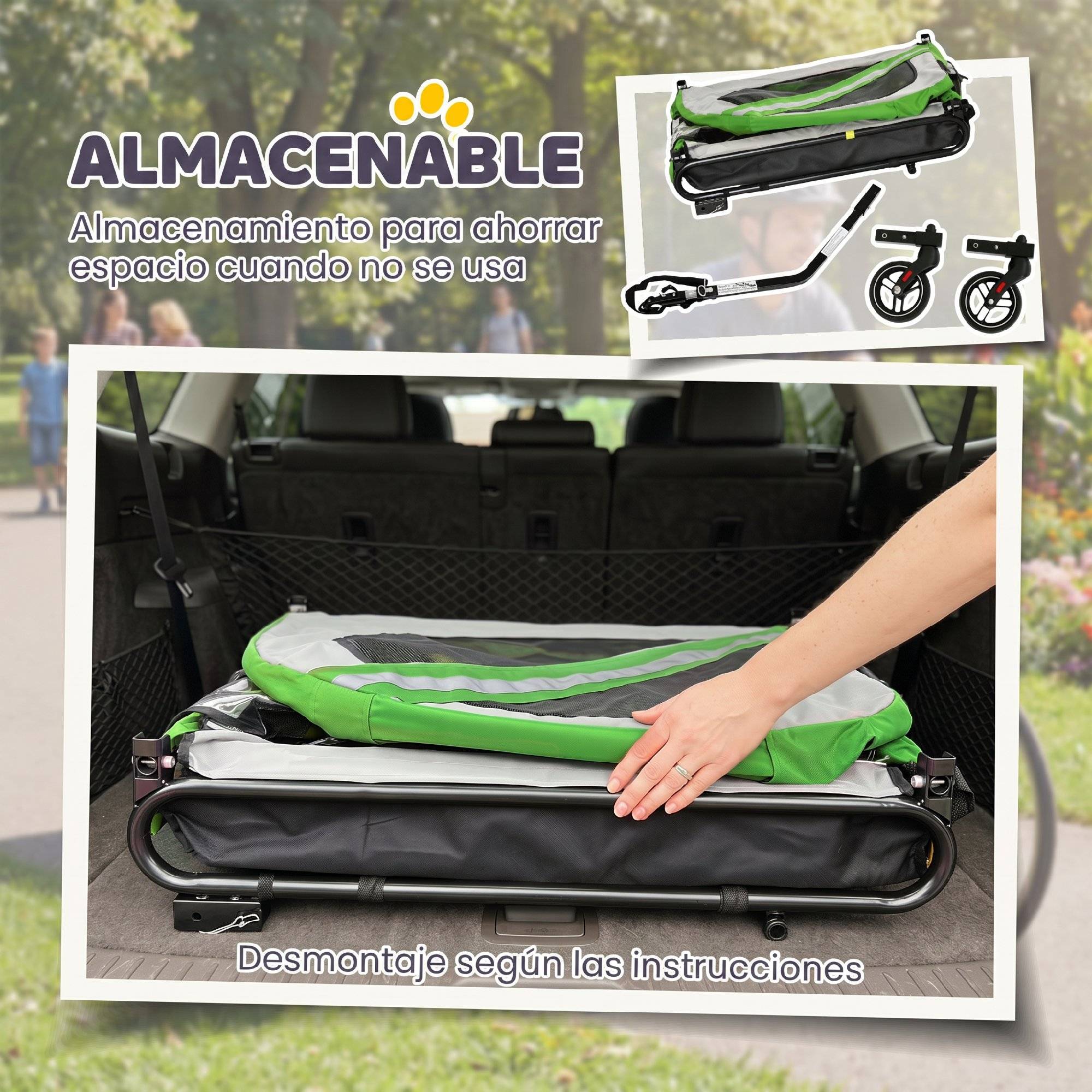 Remorque vélo 2 en 1 pour chien, poussette pliable pour animaux avec ceinture de sécurité et réflecteurs, verte - Image 8
