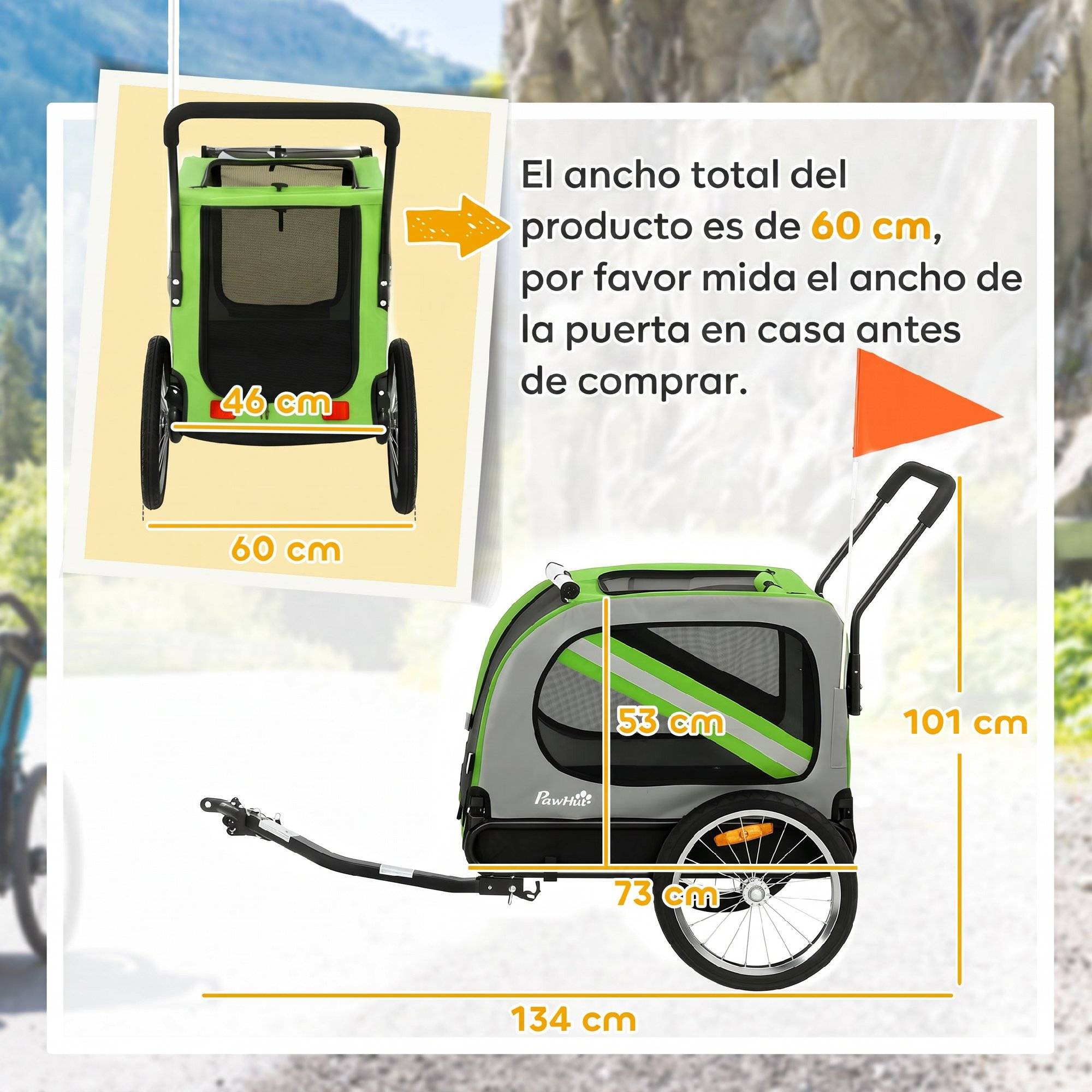 Remorque vélo 2 en 1 pour chien, poussette pliable pour animaux avec ceinture de sécurité et réflecteurs, verte - Image 5