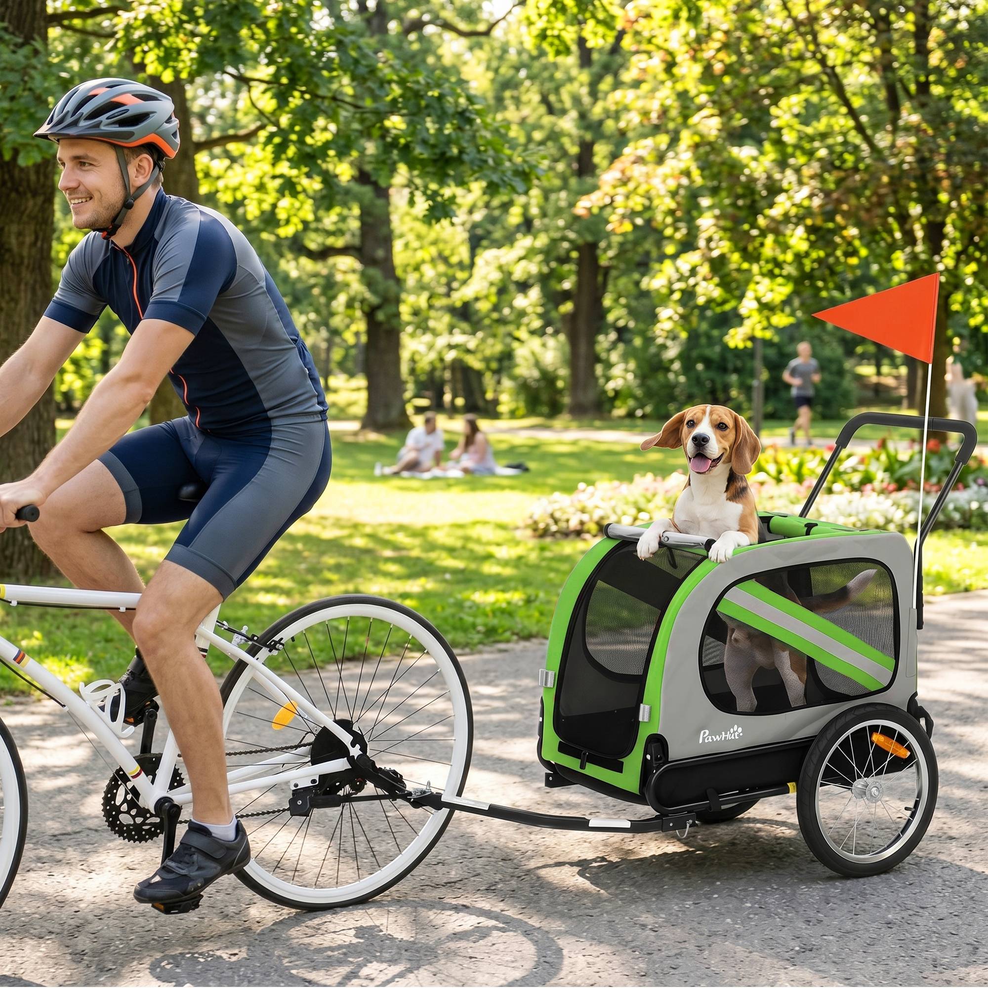 Remorque vélo 2 en 1 pour chien, poussette pliable pour animaux avec ceinture de sécurité et réflecteurs, verte - Image 3