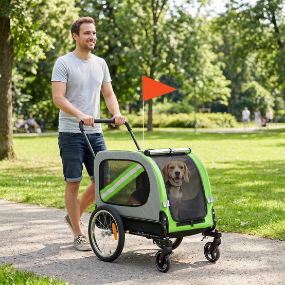 Remorque vélo 2 en 1 pour chien, poussette pliable pour animaux avec ceinture de sécurité et réflecteurs, verte - Image 4