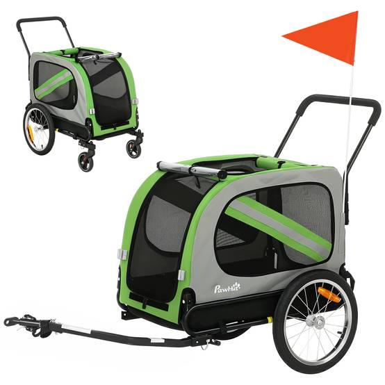 Remorque vélo 2 en 1 pour chien, poussette pliable pour animaux avec ceinture de sécurité et réflecteurs, verte - Image 2