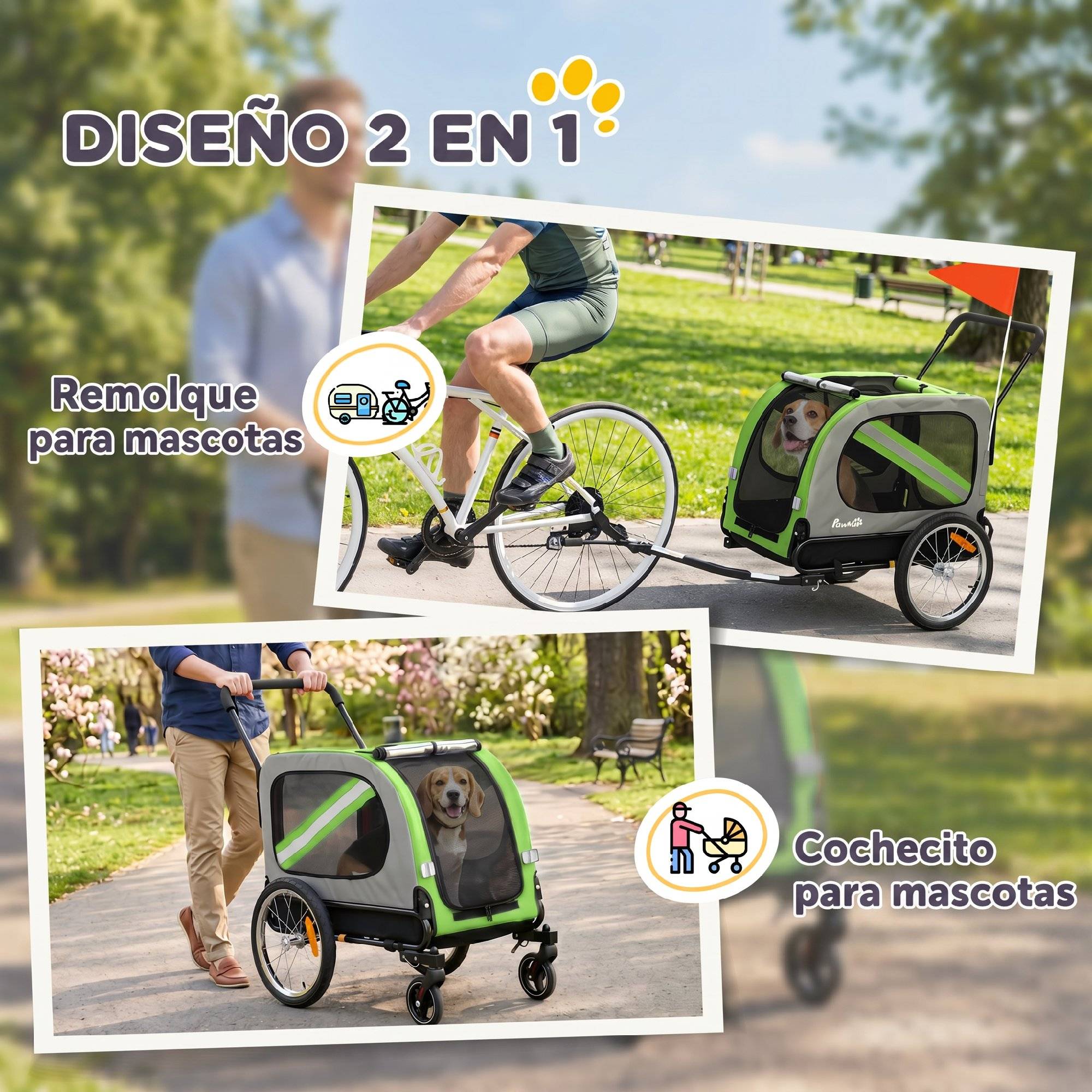 Remorque vélo 2 en 1 pour chien, poussette pliable pour animaux avec ceinture de sécurité et réflecteurs, verte - Image 6