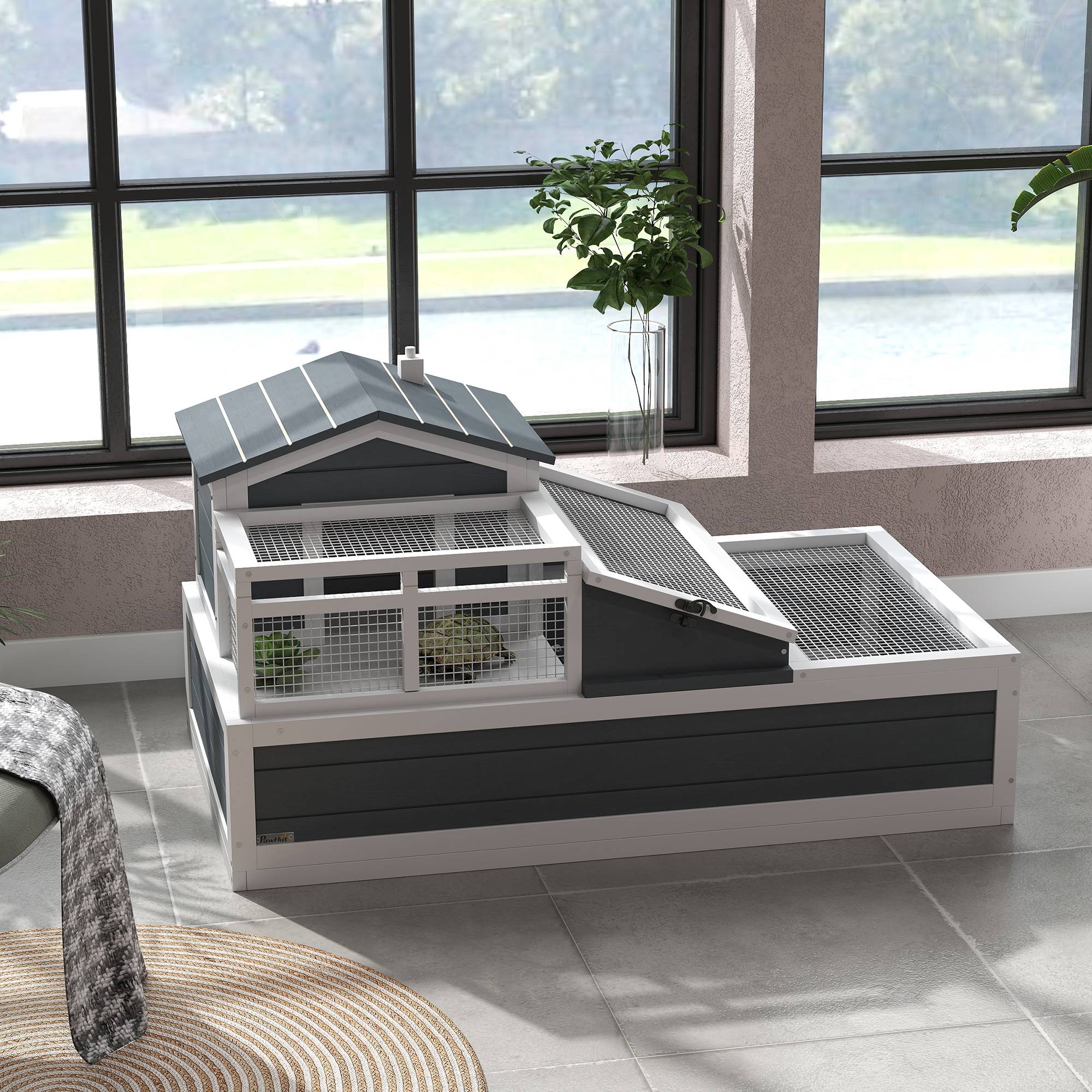 Maison pour tortues, 2 niveaux, intérieur/extérieur, balcon, bois de sapin, gris - Image 4