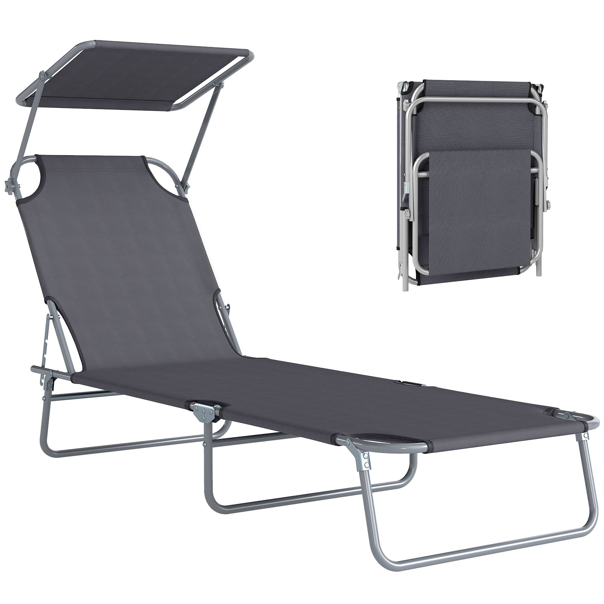 "Transat pliant grand confort, dossier multi-positions, pare-soleil réglable, 187x58x36 cm, gris"