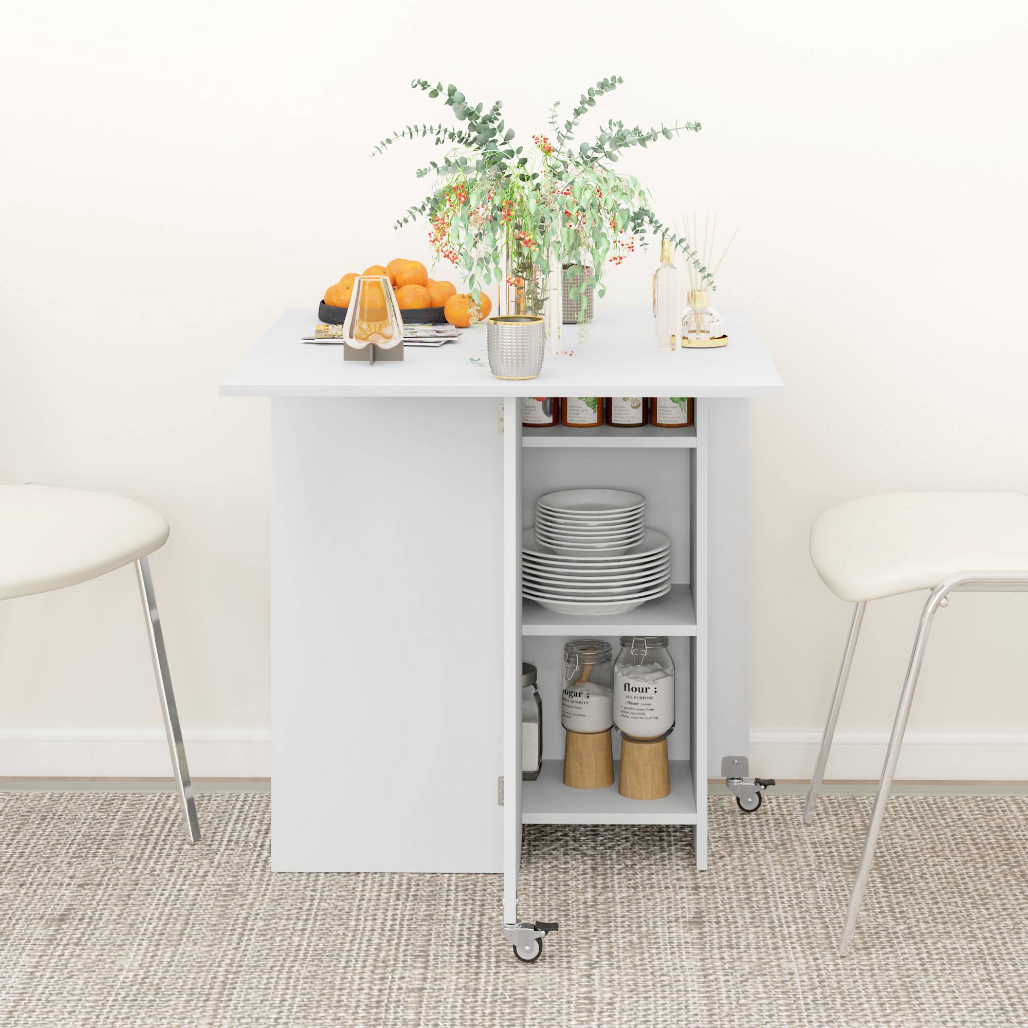 Table de salle à manger pliante 2 à 4 personnes, avec rangement et roulettes, table de cuisine extensible, blanche - Image 10