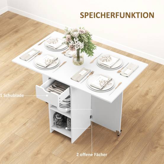 Table de salle à manger pliante 2 à 4 personnes, avec rangement et roulettes, table de cuisine extensible, blanche - Image 7