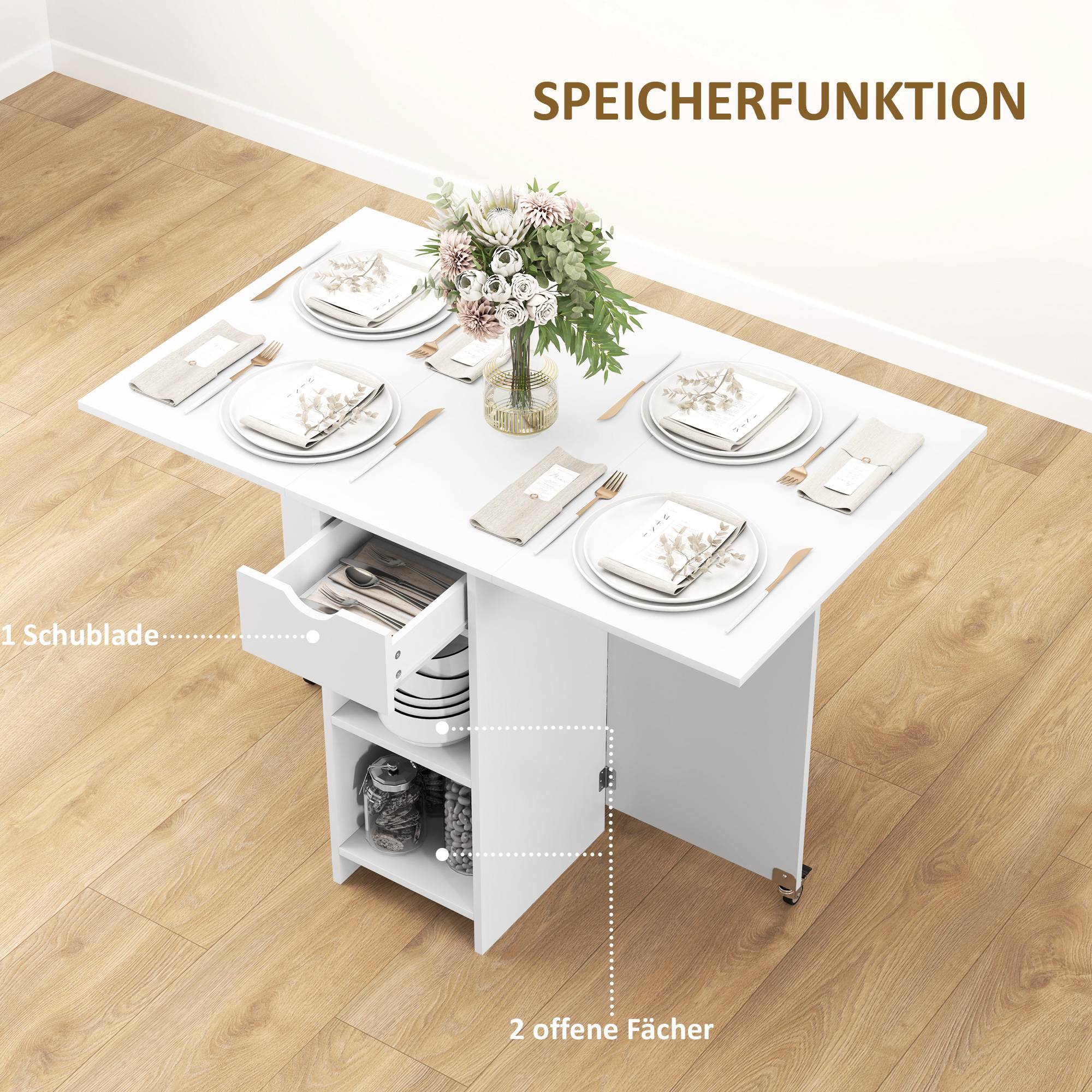 Table de salle à manger pliante 2 à 4 personnes, avec rangement et roulettes, table de cuisine extensible, blanche - Image 7