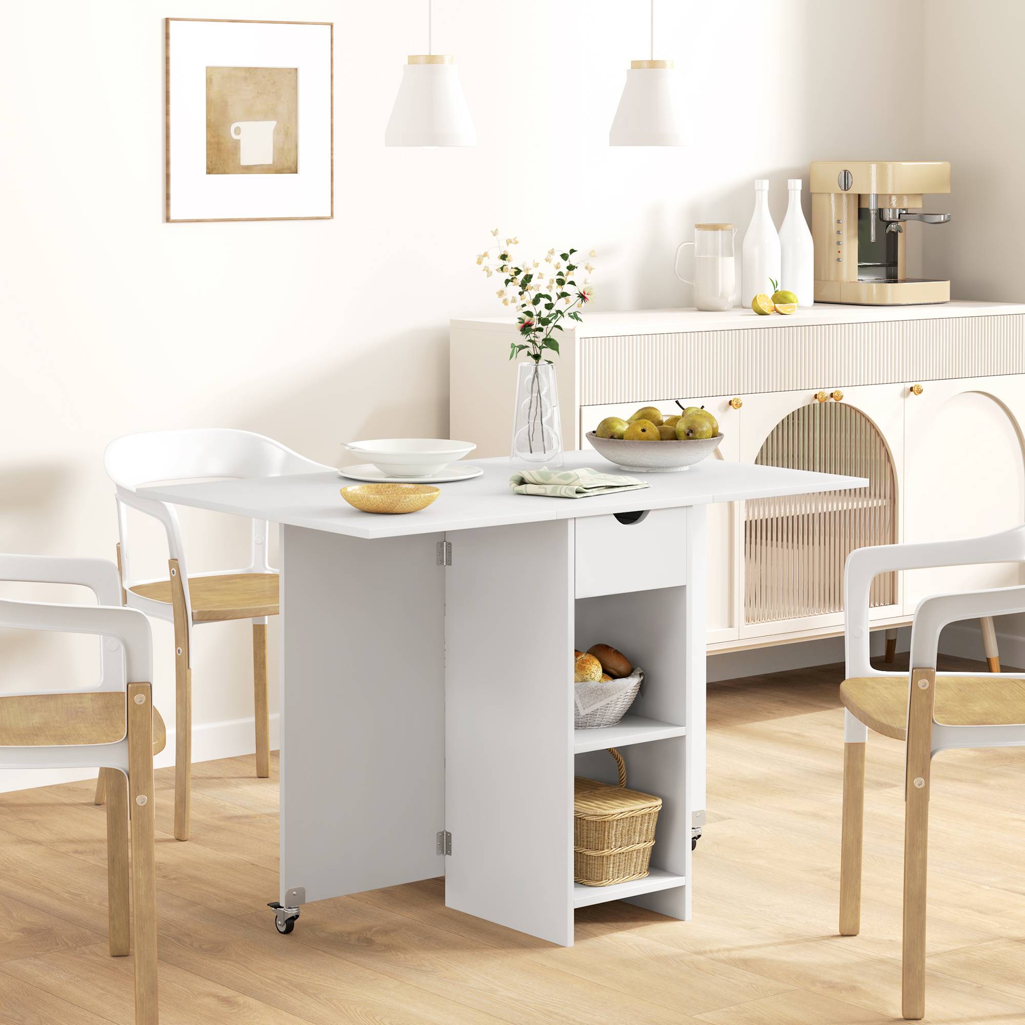 Table de salle à manger pliante 2 à 4 personnes, avec rangement et roulettes, table de cuisine extensible, blanche - Image 3