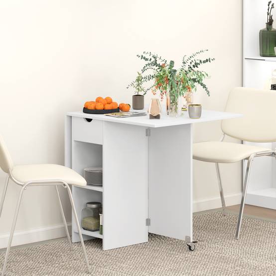 Table de salle à manger pliante 2 à 4 personnes, avec rangement et roulettes, table de cuisine extensible, blanche - Image 4