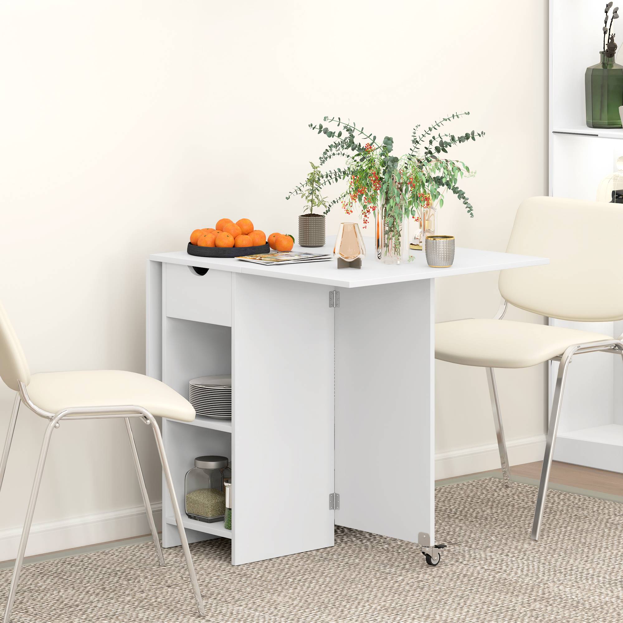 Table de salle à manger pliante 2 à 4 personnes, avec rangement et roulettes, table de cuisine extensible, blanche - Image 4