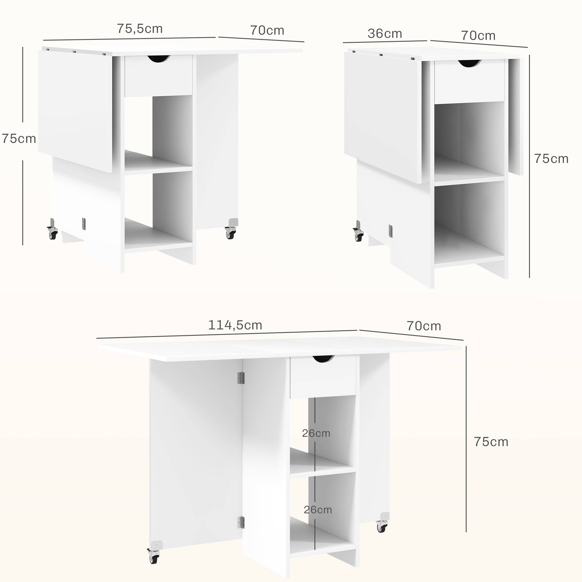 Table de salle à manger pliante 2 à 4 personnes, avec rangement et roulettes, table de cuisine extensible, blanche - Image 5