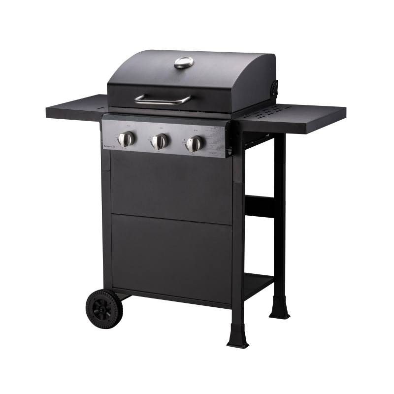 Brasero - Barbecue gaz sur chariot 3 feux - COOKING BOX - 3 brûleurs - Grilles en acier émaillée 49 x 39 cm - tablettes rabattables - Noir