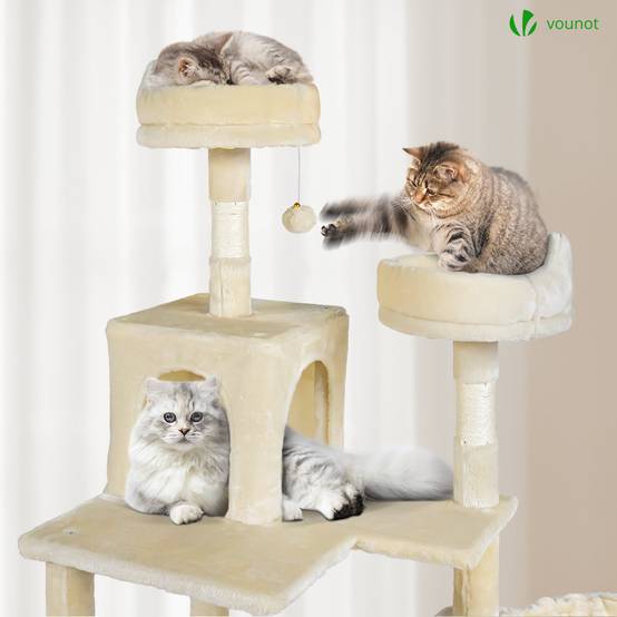 Vounot - Arbre à chat géant 215cm avec griffoir, 2 niches et 3 plateformes - Beige - Arbre à grimper pour chats - VOUNOT® - Image 4
