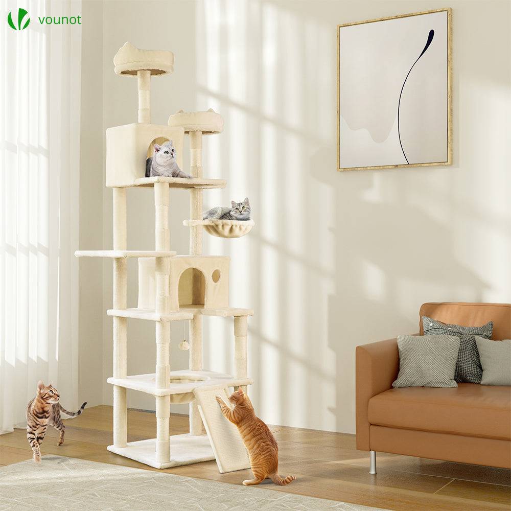Vounot - Arbre à chat géant 215cm avec griffoir, 2 niches et 3 plateformes - Beige - Arbre à grimper pour chats - VOUNOT® - Image 2