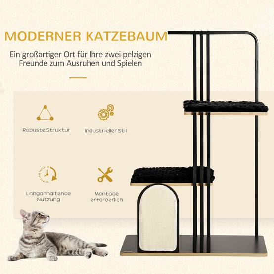 Arbre à chat de haute qualité de 128 cm avec coussin, griffoir, 2 plateformes et mobilier pour chat en acier robuste noir. - Image 4