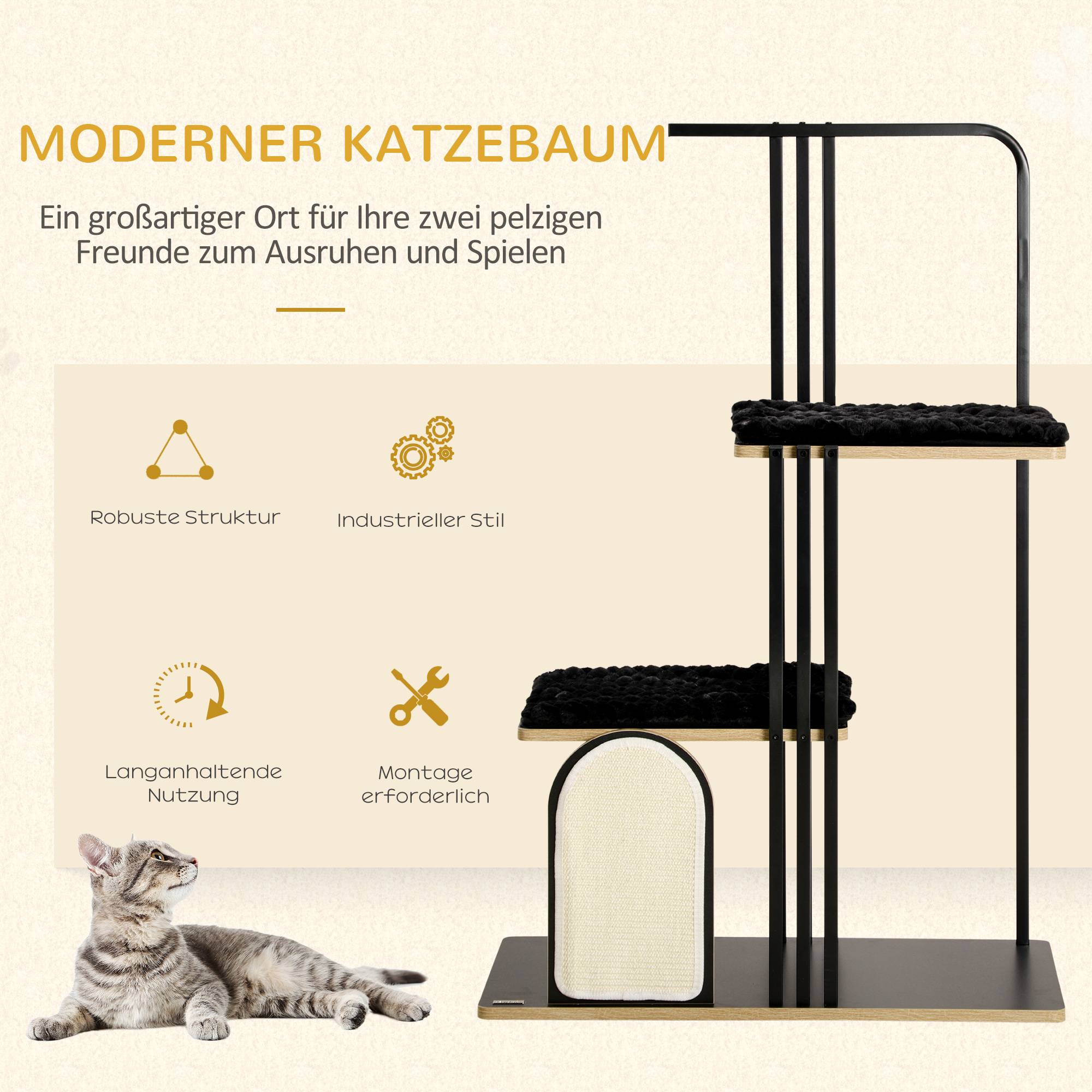 Arbre à chat de haute qualité de 128 cm avec coussin, griffoir, 2 plateformes et mobilier pour chat en acier robuste noir. - Image 4