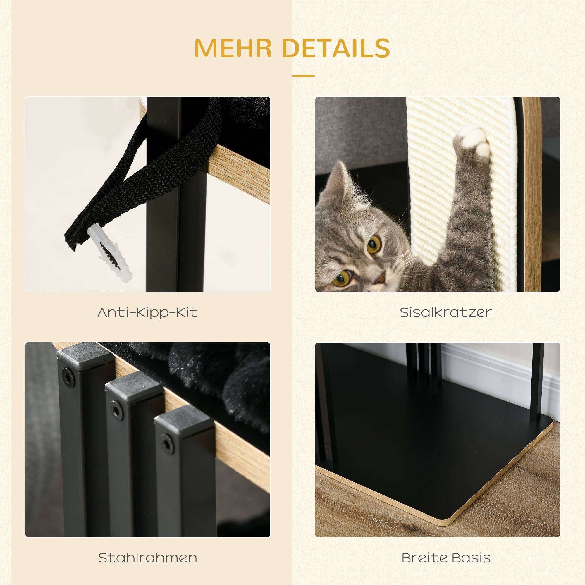 Arbre à chat de haute qualité de 128 cm avec coussin, griffoir, 2 plateformes et mobilier pour chat en acier robuste noir. - Image 6
