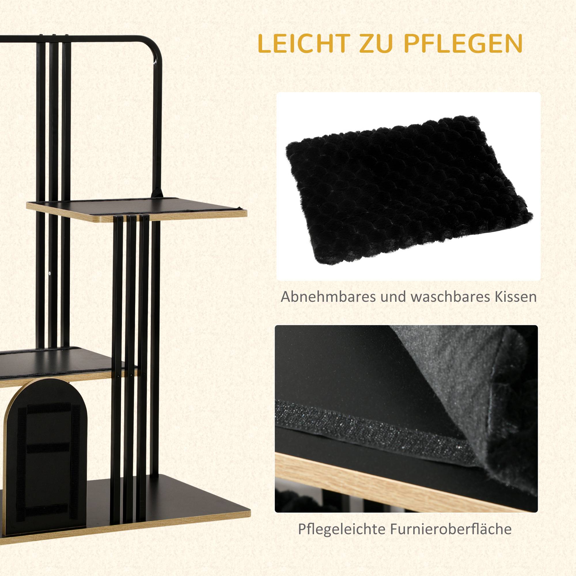 Arbre à chat de haute qualité de 128 cm avec coussin, griffoir, 2 plateformes et mobilier pour chat en acier robuste noir. - Image 5
