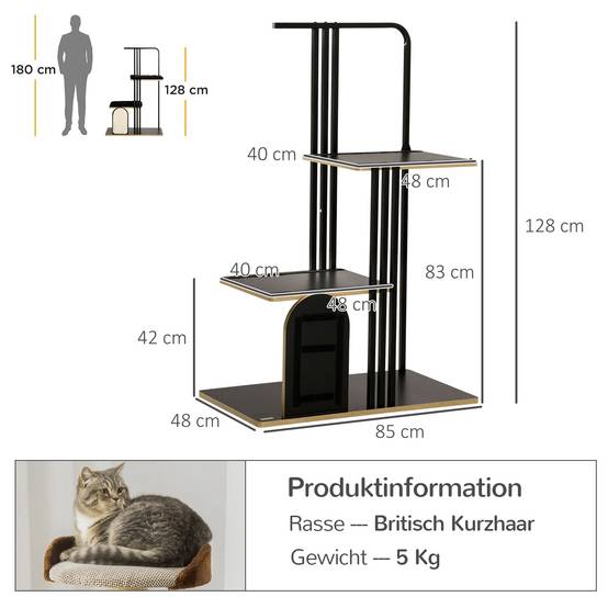 Arbre à chat de haute qualité de 128 cm avec coussin, griffoir, 2 plateformes et mobilier pour chat en acier robuste noir. - Image 3